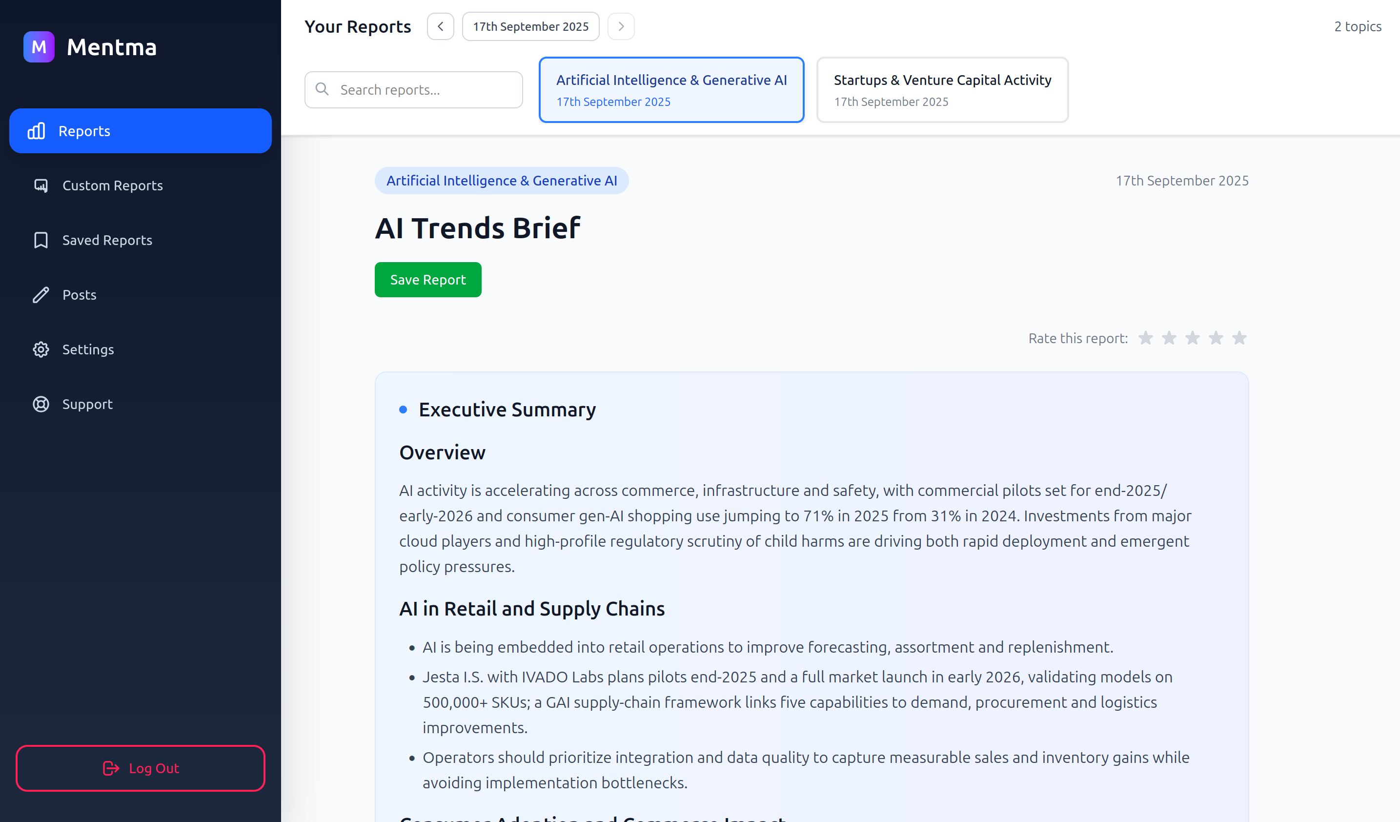 Mentma Dashboard - Daily Report View